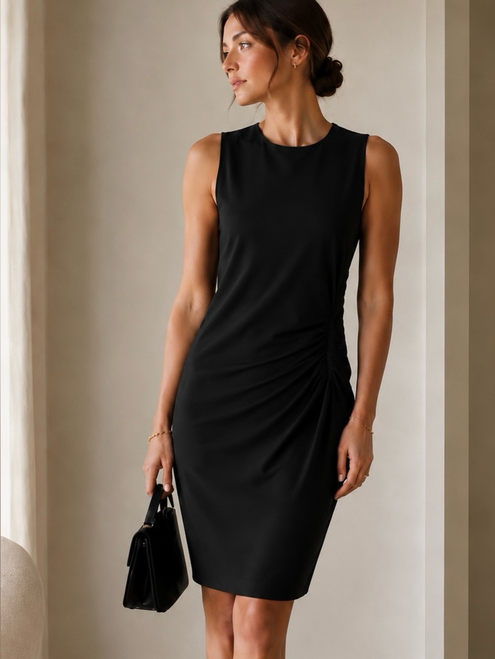 THEORY Elowen Black Ruched Sides Sleeveless Sheath Dress Virgin Wool LBD Sz 6